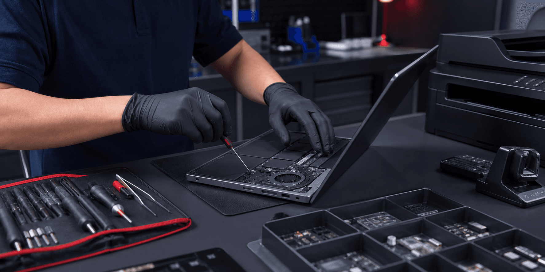Escena ficticia de diagnóstico técnico profesional en mesa de servicio.